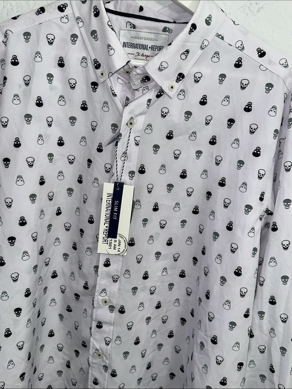 NEW International Report Shirt XL Button Down Long Sleeve White Black Skull